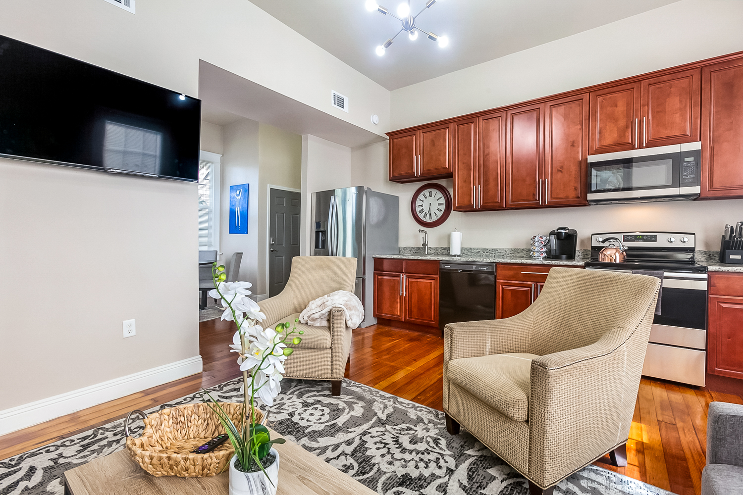 Living area and kitchen